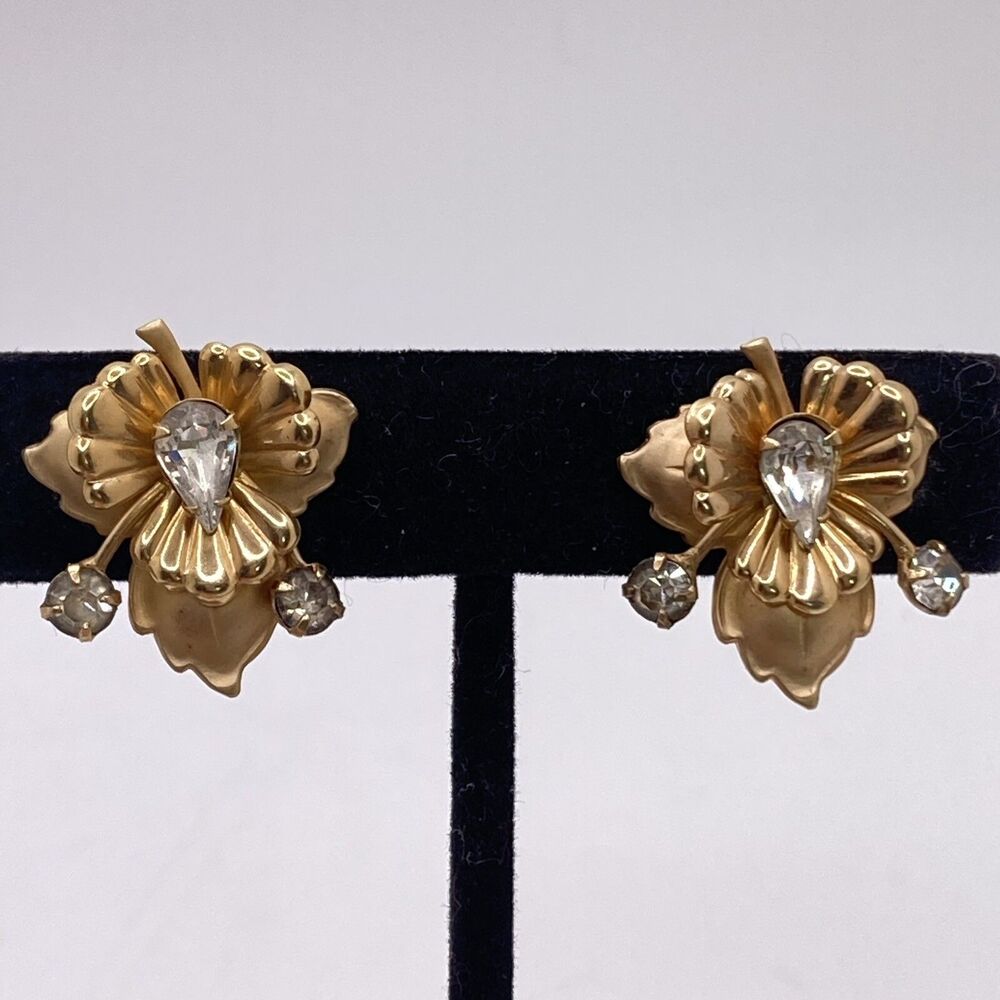 Vintage Clip on Earrings Gold tone Art Deco Clear Glass Rhinestone